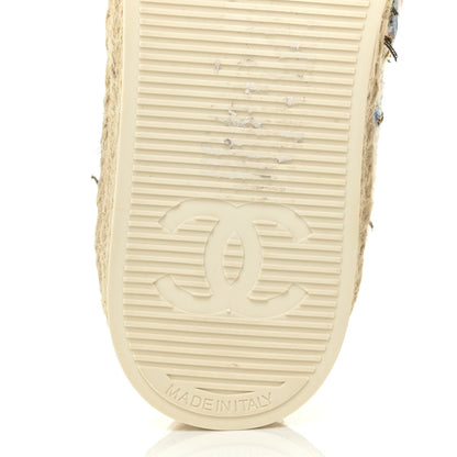 Chanel Tweed Laminated Lambskin Lace Up Espadrilles 35 Pink Blue Gold White 9 of 13