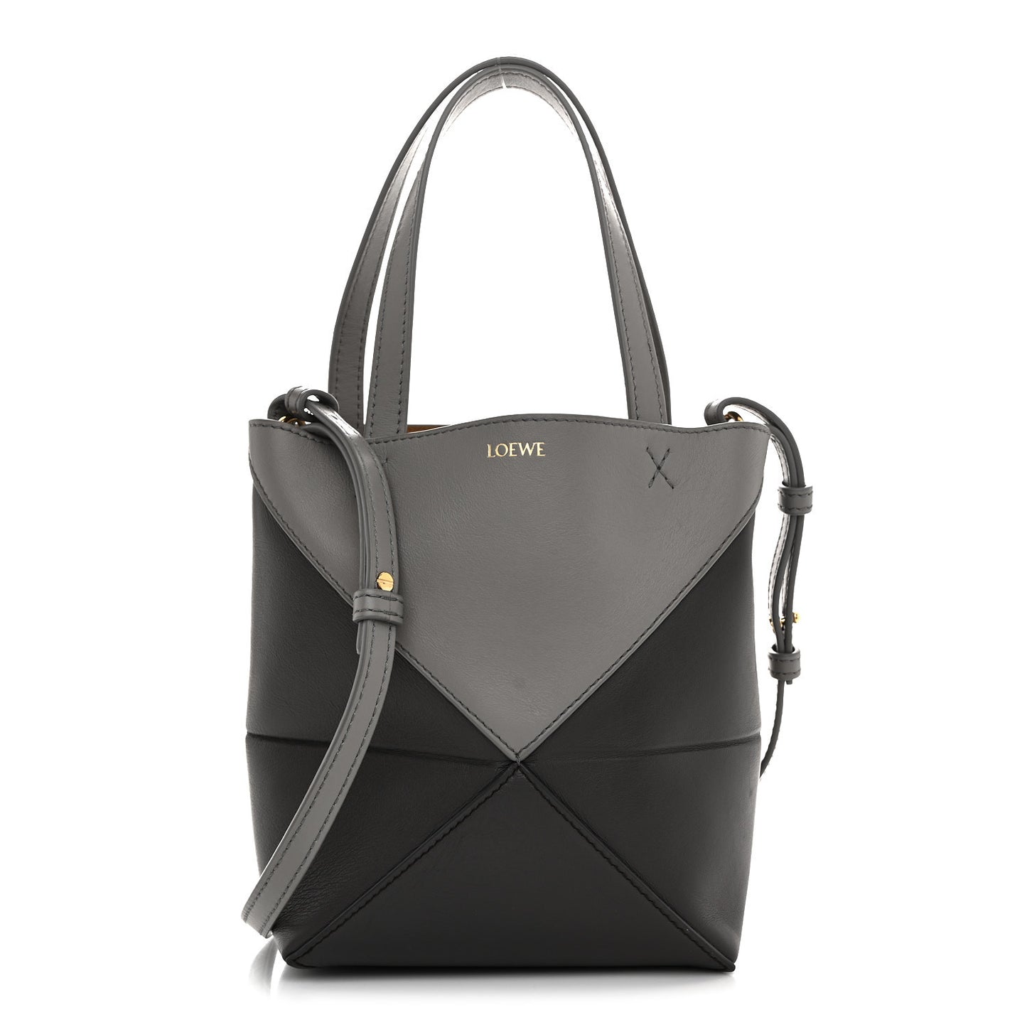 Shiny Calfskin Mini Puzzle Fold Tote Pearl Grey Dark Grey