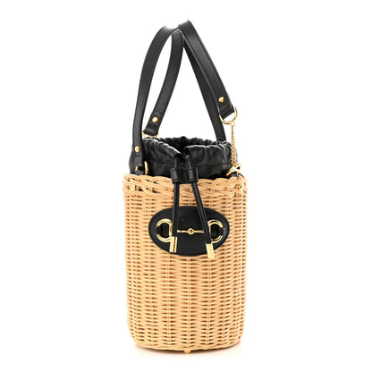 Gucci Wicker Horsebit 1955 Bucket Bag Natural Black 1 of 10