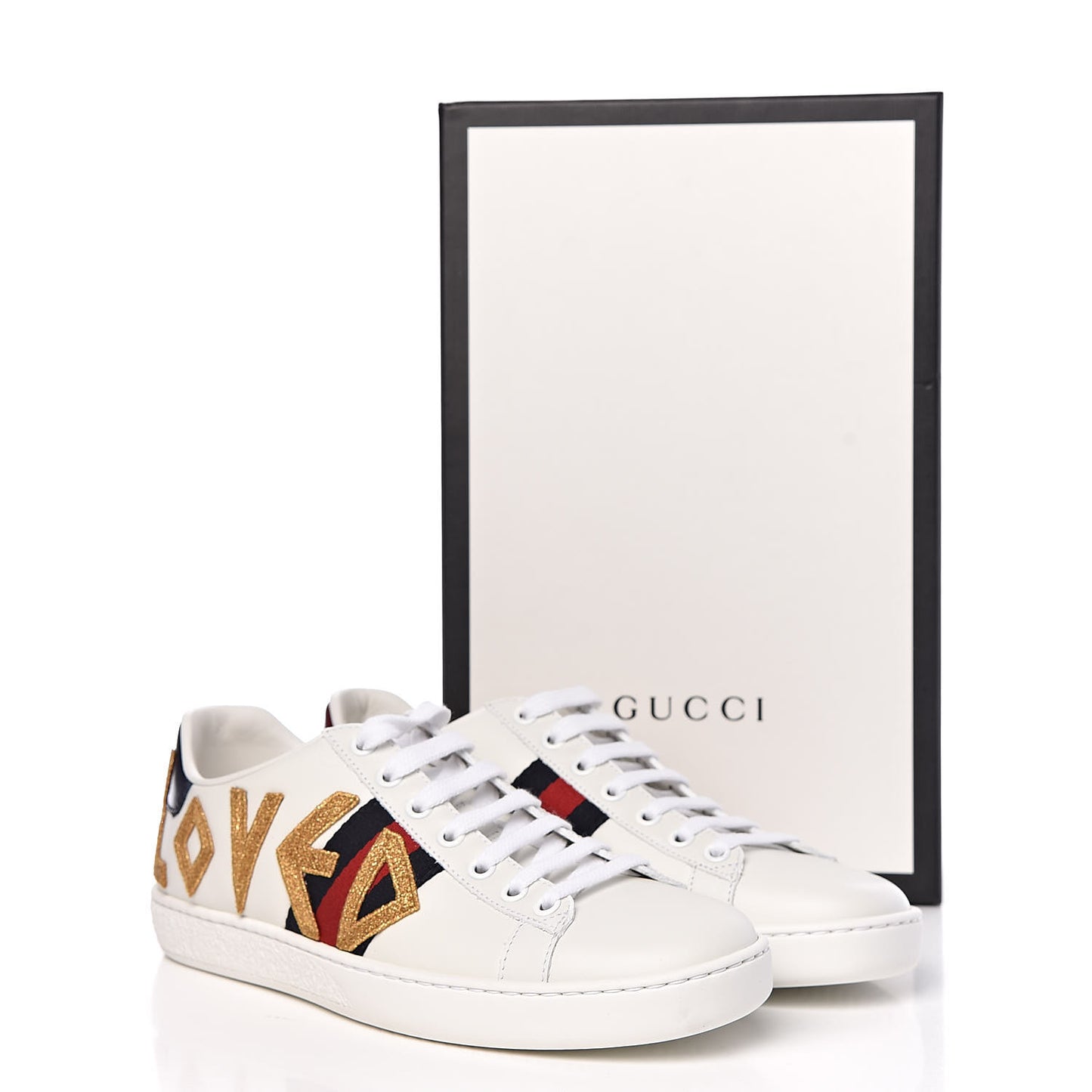 Calfskin Nappa Web LOVED Embroidered Womens Ace Sneakers 37.5 White Red Flame Notte