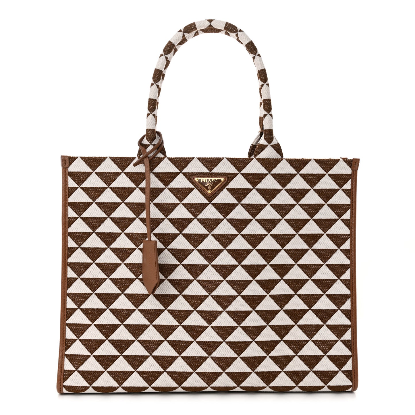 Jacquard Saffiano Triangolo Symbole Embroidered Large Tote Tobacco Talco