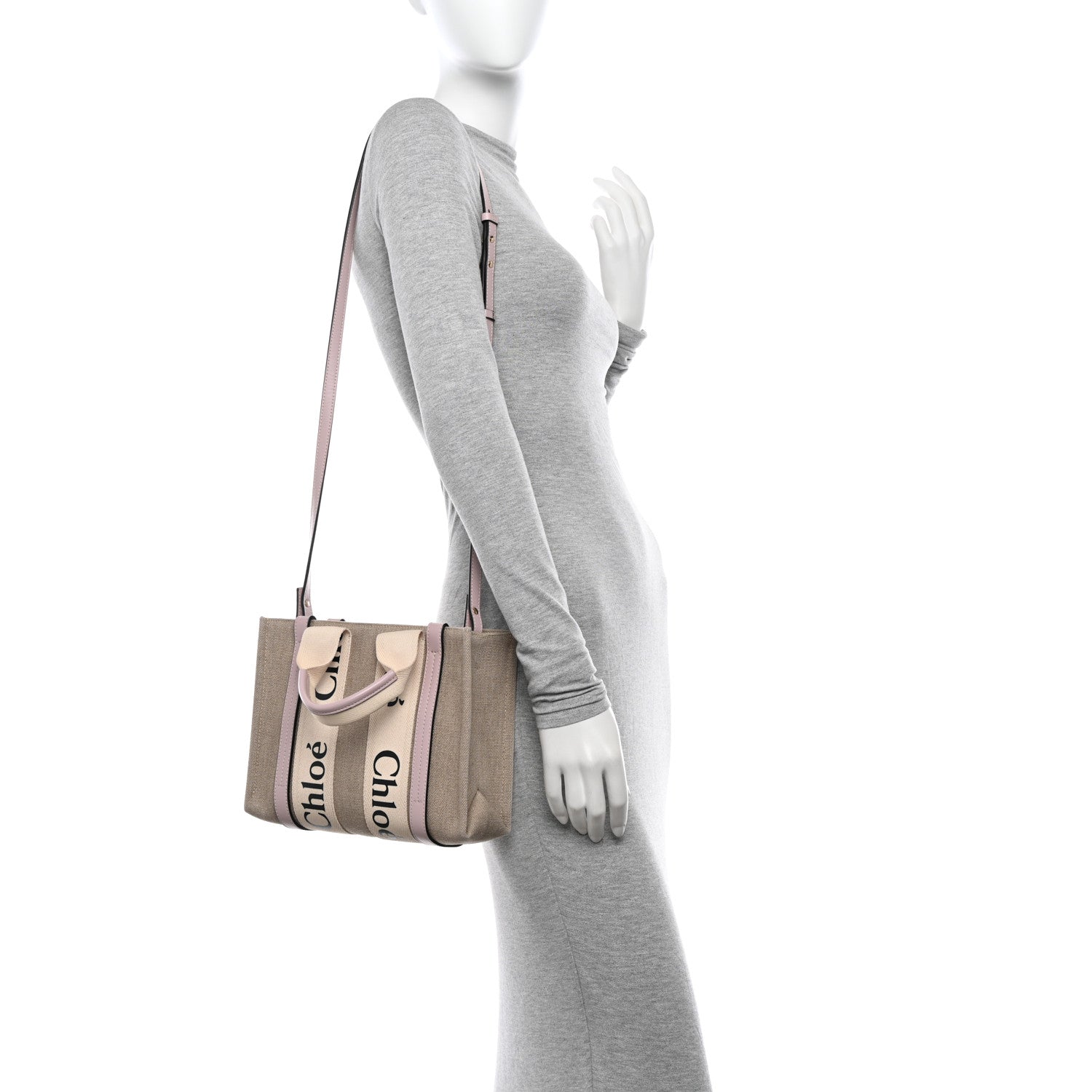 Chloe Linen Calfskin Small Woody Ribbon Tote With Strap White Pink 3 of 10