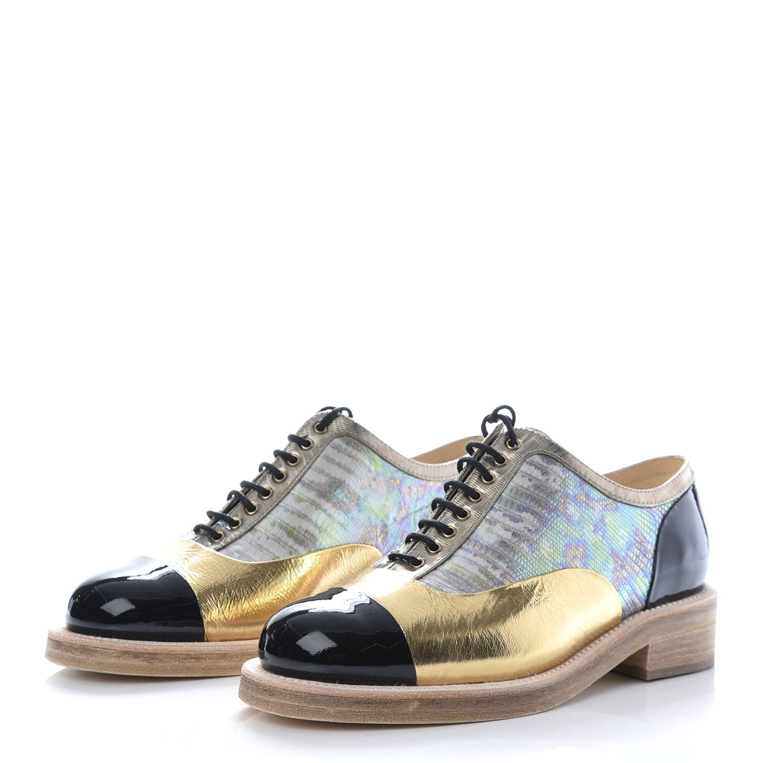 Chanel Metallic Goatskin Patent Calfskin Lizard Lace Up Loafers 37 Light Gold Black Multcolor 3 of 9
