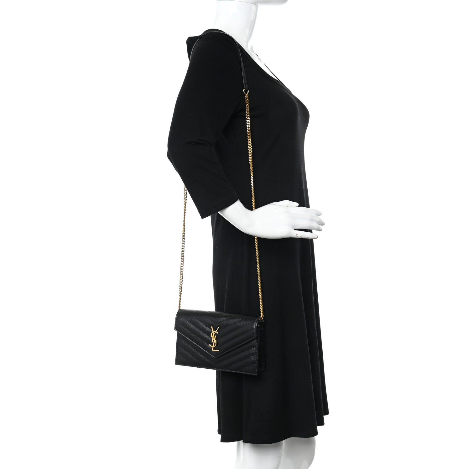 Saint Laurent Grain De Poudre Matelasse Chevron Monogram Envelope Chain Wallet Black 2 of 10