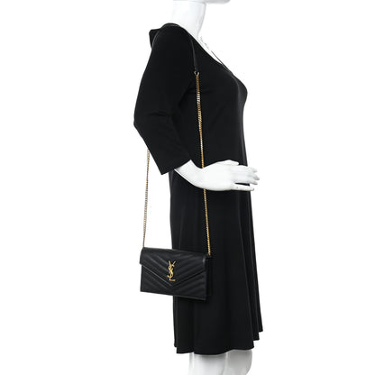 Saint Laurent Grain De Poudre Matelasse Chevron Monogram Envelope Chain Wallet Black 2 of 10