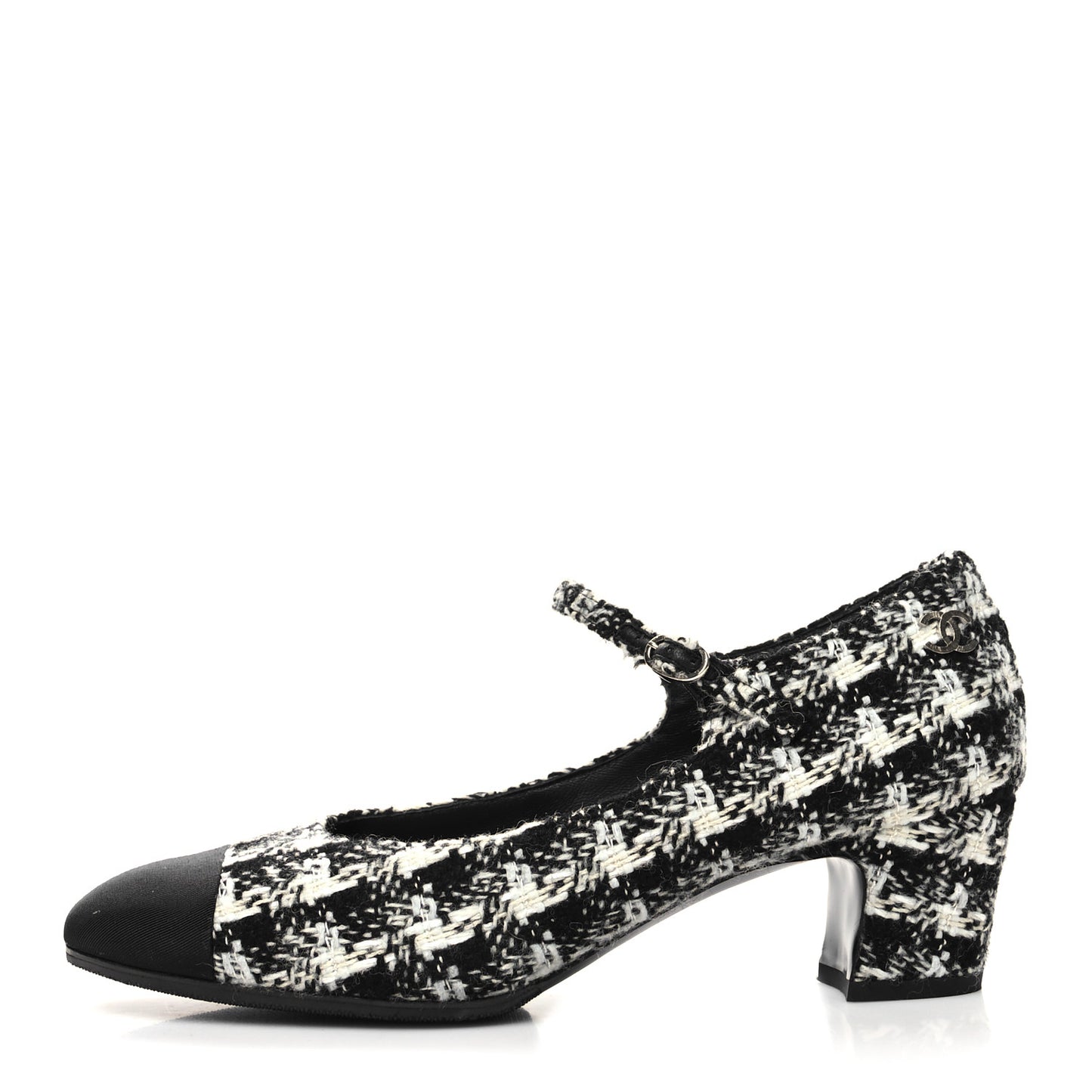 Tweed Grosgrain Cap Toe Mary Jane Mid Heel Strap Pumps 39.5 White Black