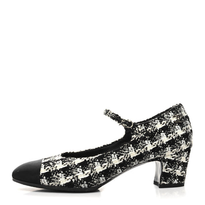 Chanel Tweed Grosgrain Cap Toe Mary Jane Mid Heel Strap Pumps 39.5 White Black 1 of 8