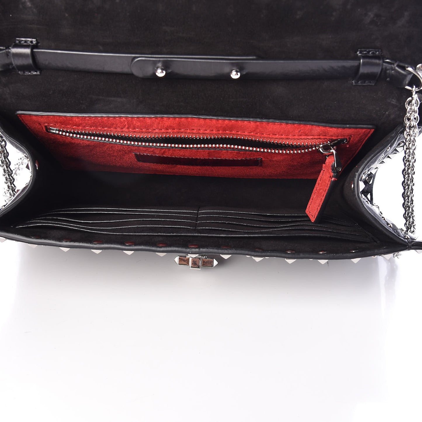 Lambskin Beaded Rockstud Spike Wallet on Chain Black