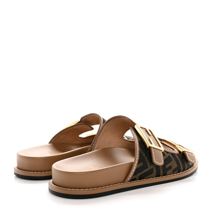 Fendi Fabric Jacquard Nappa FF Womens Fendi Feel Buckled Slide Sandals 41 Tobacco Black Miele Scuro 4 of 10