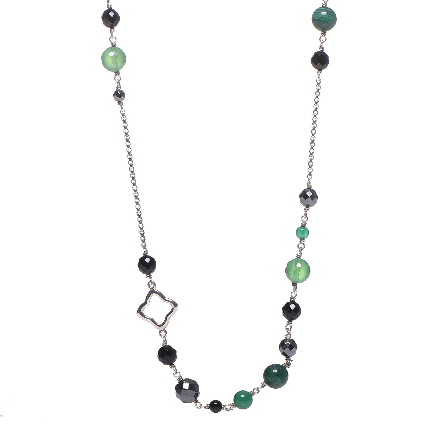 David Yurman Sterling Silver Black Onyx Hematite Green Bead Elements Station Necklace 1 of 6