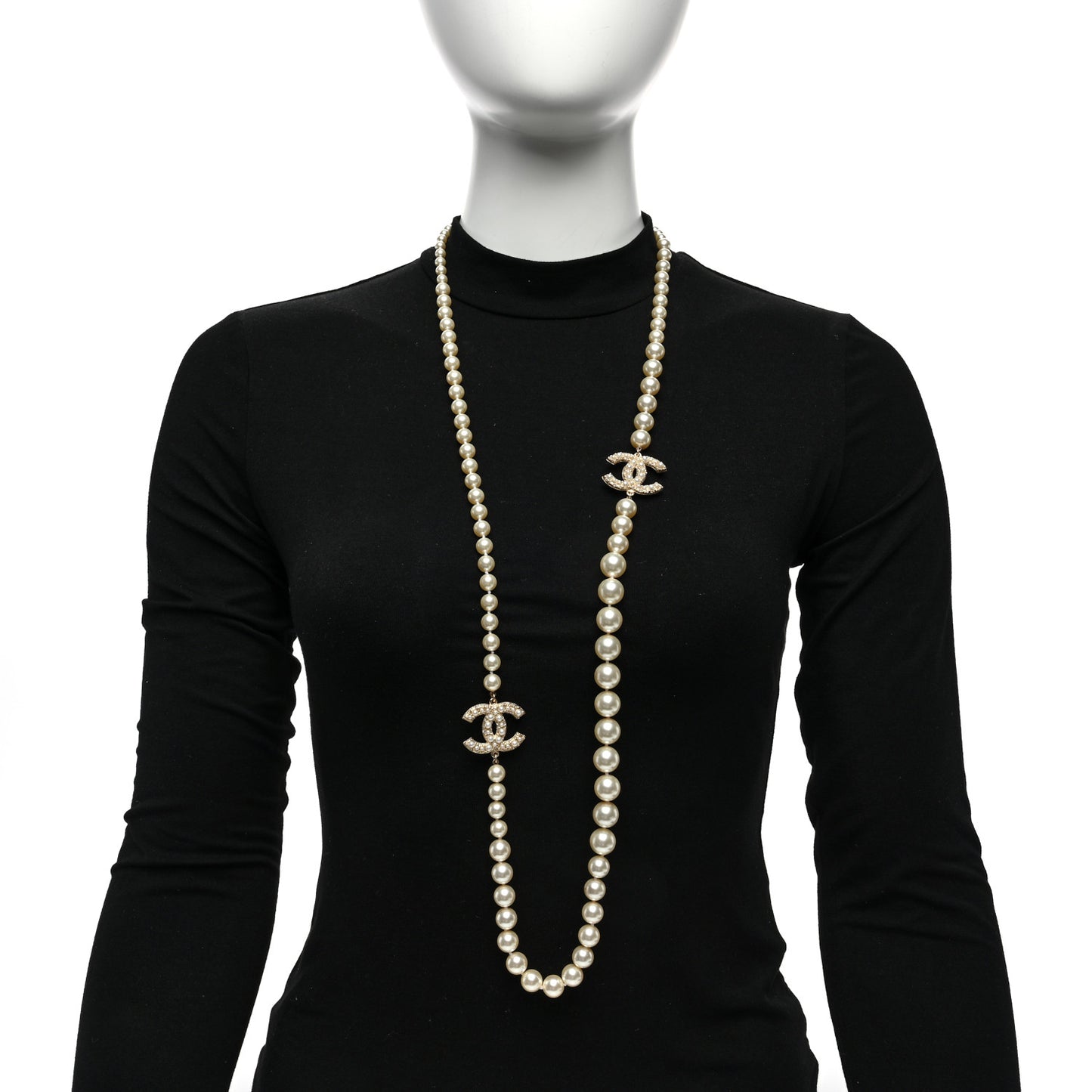 Graduated Pearl Studded CC Long Necklace Gold