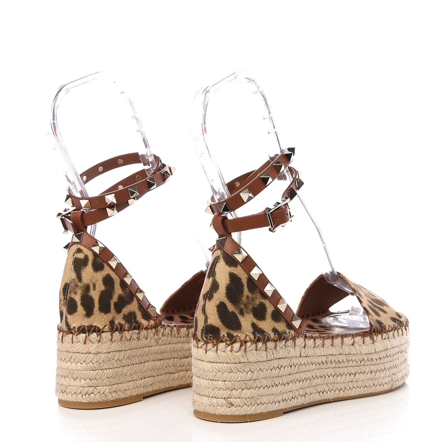 Canvas Leopard Print Rockstud Ankle Wrap Espadrille Flatform Sandals 36 Brown