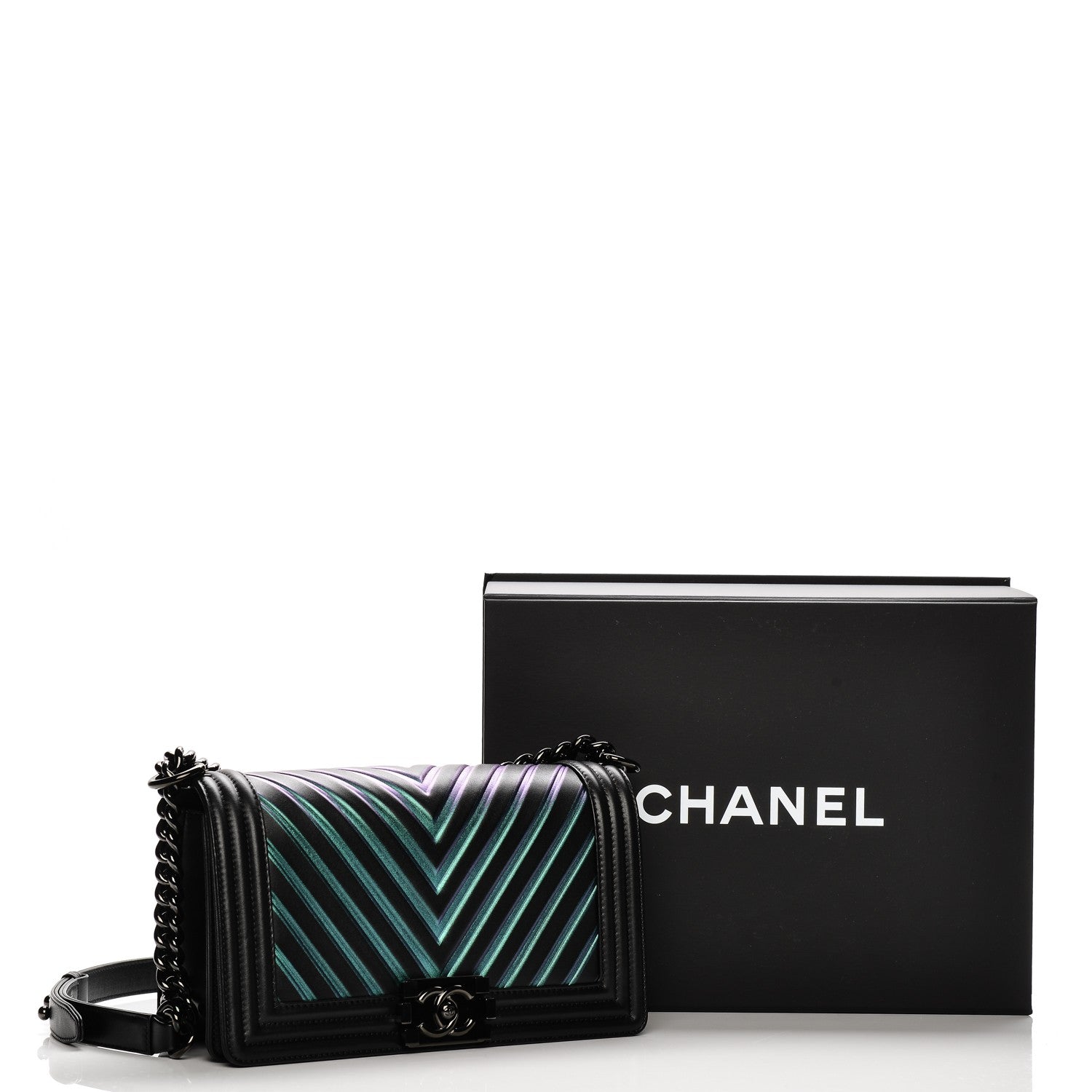 Chanel Calfskin Painted Chevron Embossed Medium Boy Flap Black 9 of 9