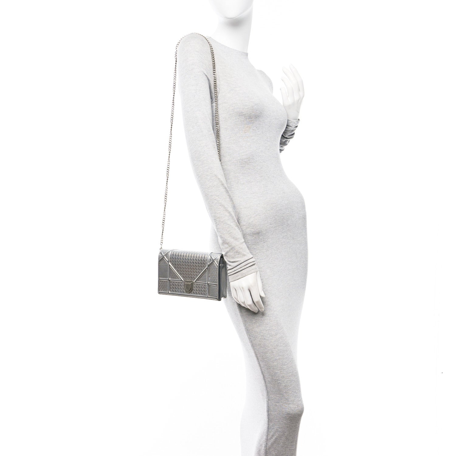 Christian Dior Metallic Patent Micro-Cannage Diorama Wallet on Chain Pouch Silver 2 of 16