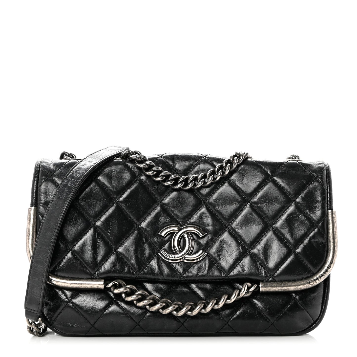 Glazed Calfskin Quilted Metal Chain Flap Black