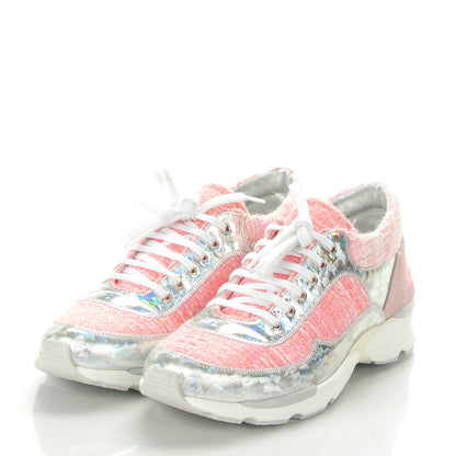 Chanel Tweed Suede Calfskin Sneakers 38.5 Silver Pink 3 of 8
