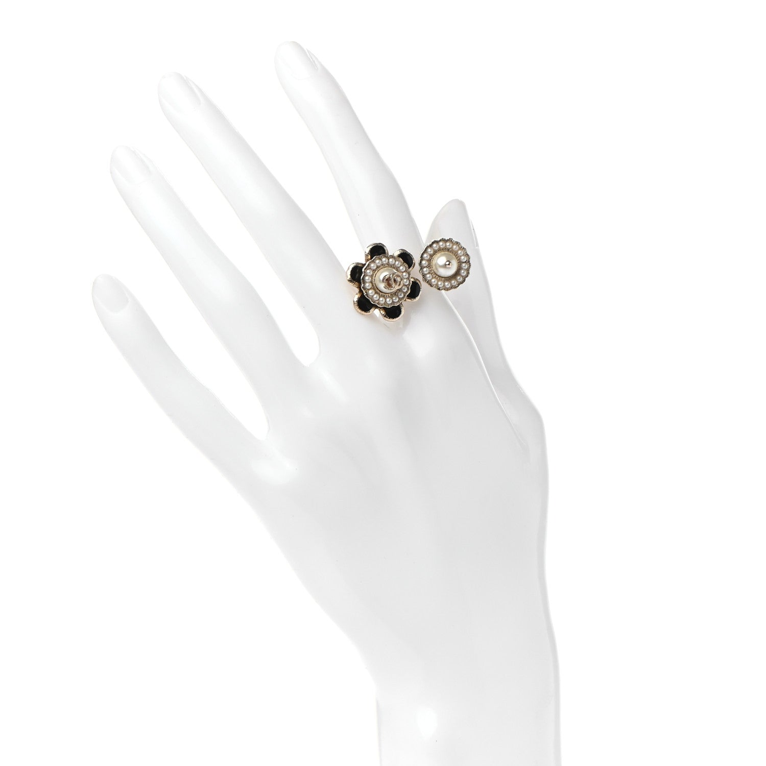 Chanel Pearl Enamel CC Camellia Ring 4 Black Gold 2 of 5