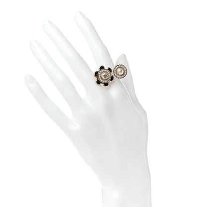 Chanel Pearl Enamel CC Camellia Ring 4 Black Gold 2 of 5