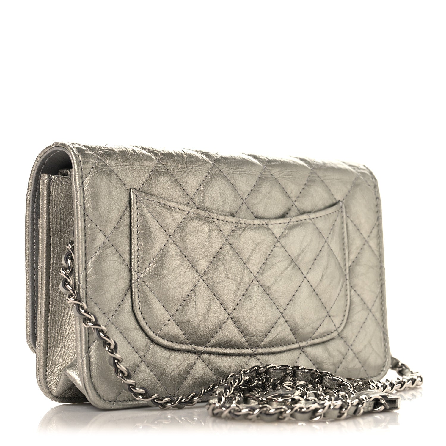 Chanel Metallic Crumpled Calfskin Quilted Flap Charm Wallet On Chain WOC Silver 3 of 12