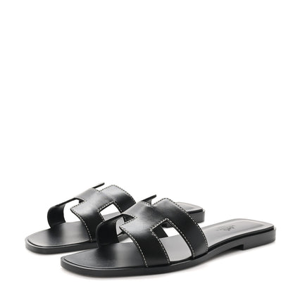 Hermes Box Calfskin Oran Sandals 37 Black 4 of 10
