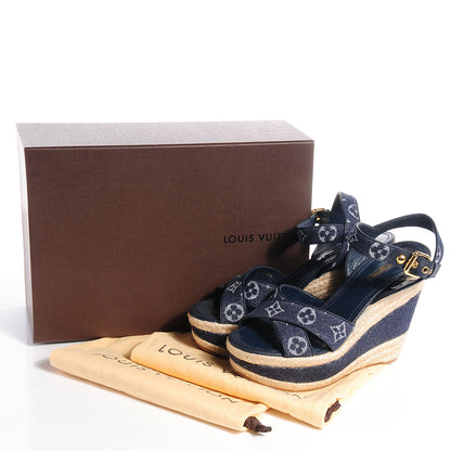 Louis Vuitton Monogram Denim Formentera Wedge Pumps 8.5 Grand Blue 6 of 9