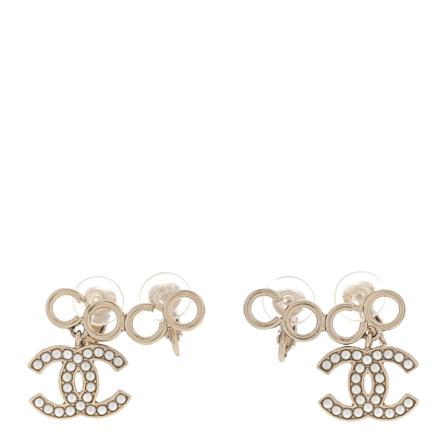 Metal Pearl CC Coco Climber Clip On Earrings Gold