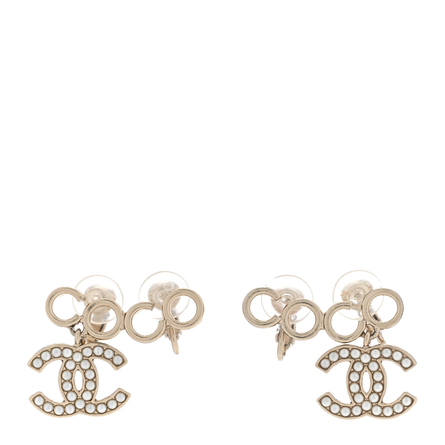 Chanel Metal Pearl CC Coco Climber Clip On Earrings Gold 1 of 5