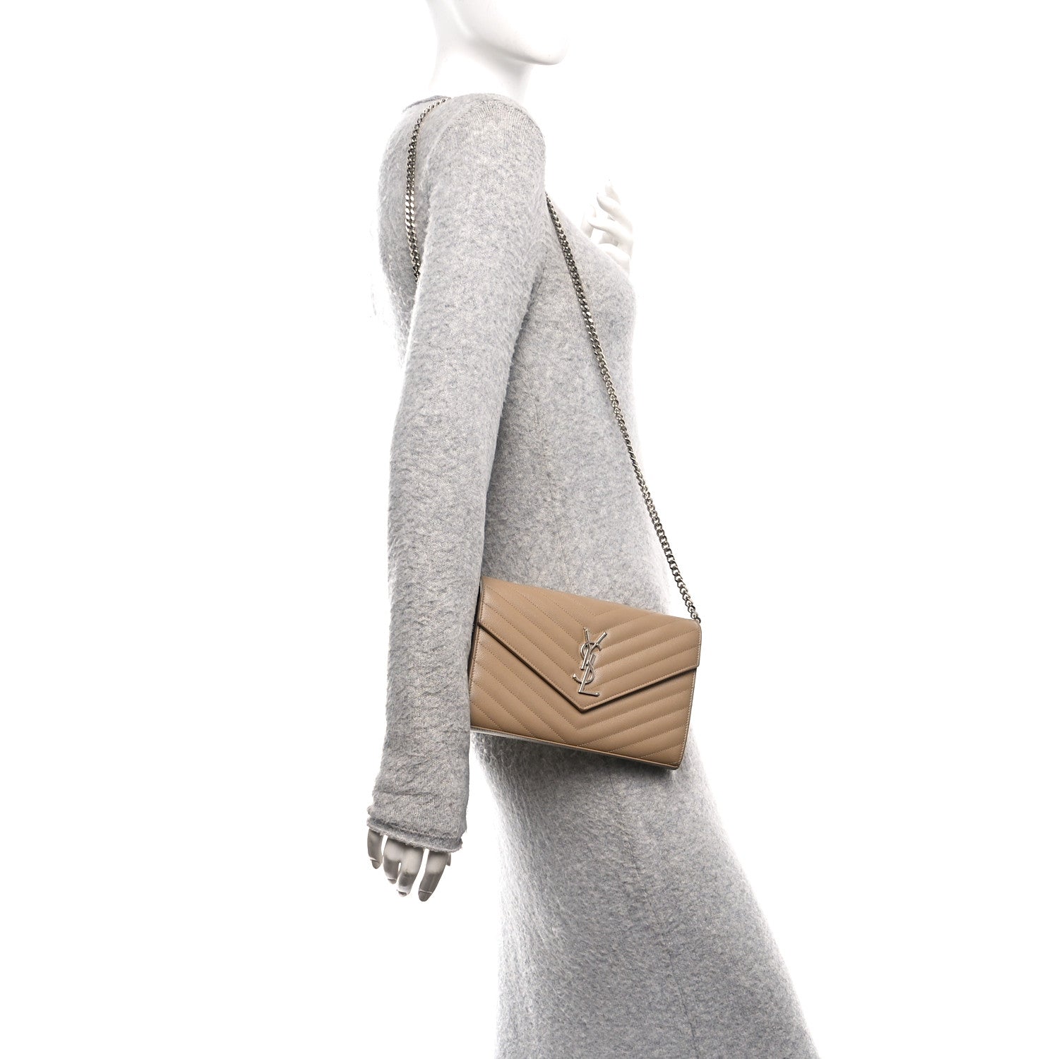 Saint Laurent Grain De Poudre Matelasse Chevron Monogram Chain Wallet Taupe 2 of 11