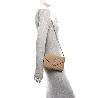 Saint Laurent Grain De Poudre Matelasse Chevron Monogram Chain Wallet Taupe 2 of 11