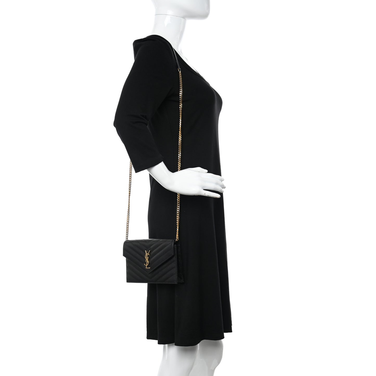 Grain De Poudre Matelasse Chevron Monogram Envelope Chain Wallet Black