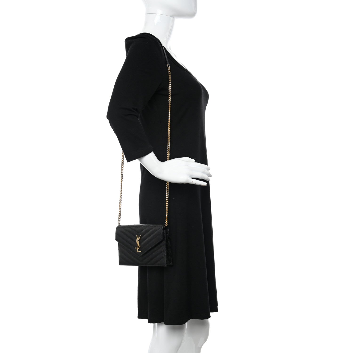 Saint Laurent Grain De Poudre Matelasse Chevron Monogram Envelope Chain Wallet Black 2 of 11