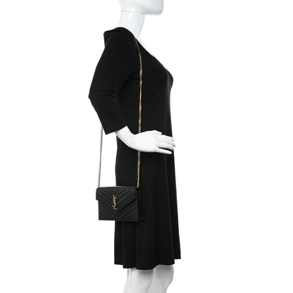 Saint Laurent Grain De Poudre Matelasse Chevron Monogram Envelope Chain Wallet Black 2 of 11