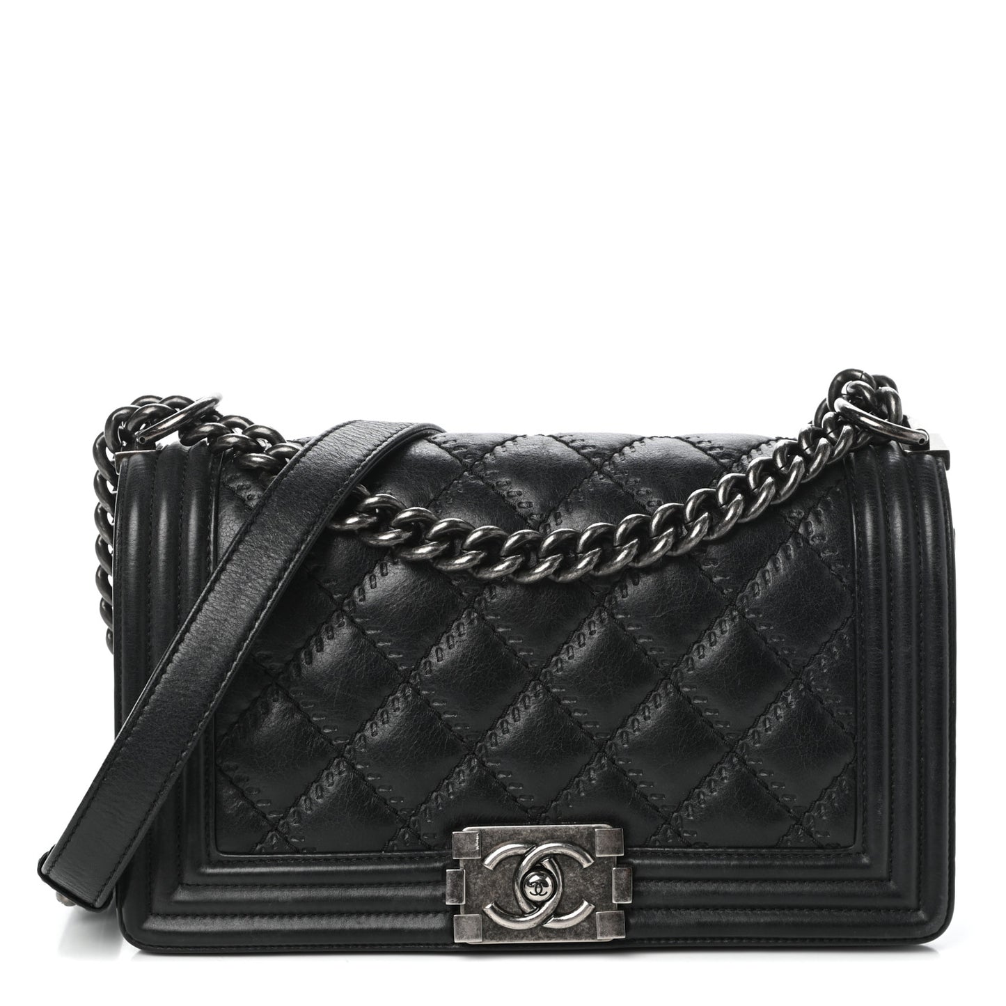 Calfskin Double Stitch Medium Boy Flap Black