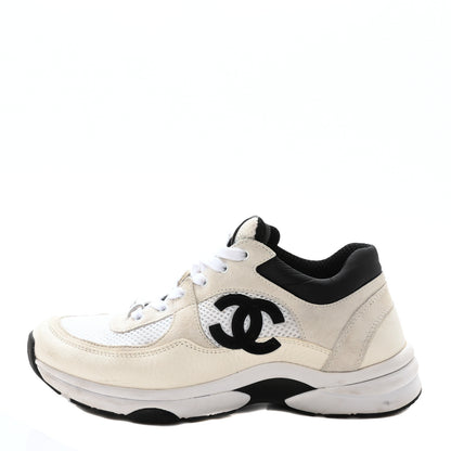 Chanel Mesh Suede Calfskin Grained Calfskin Womens CC Sneakers 39.5 White Black 1 of 8