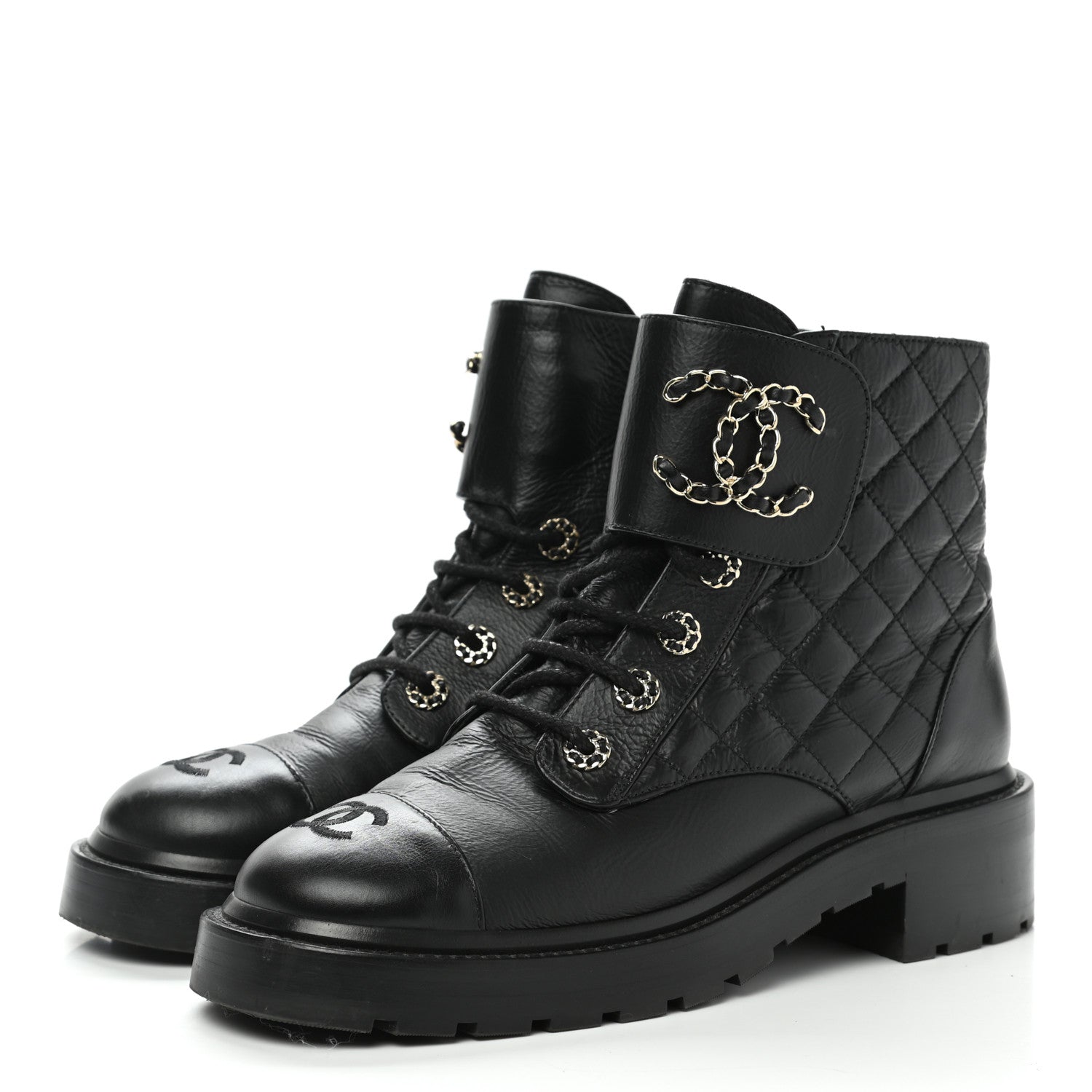 Chanel Shiny Goatskin Calfskin Quilted Lace Up Combat Boots 39 Black 3 of 10