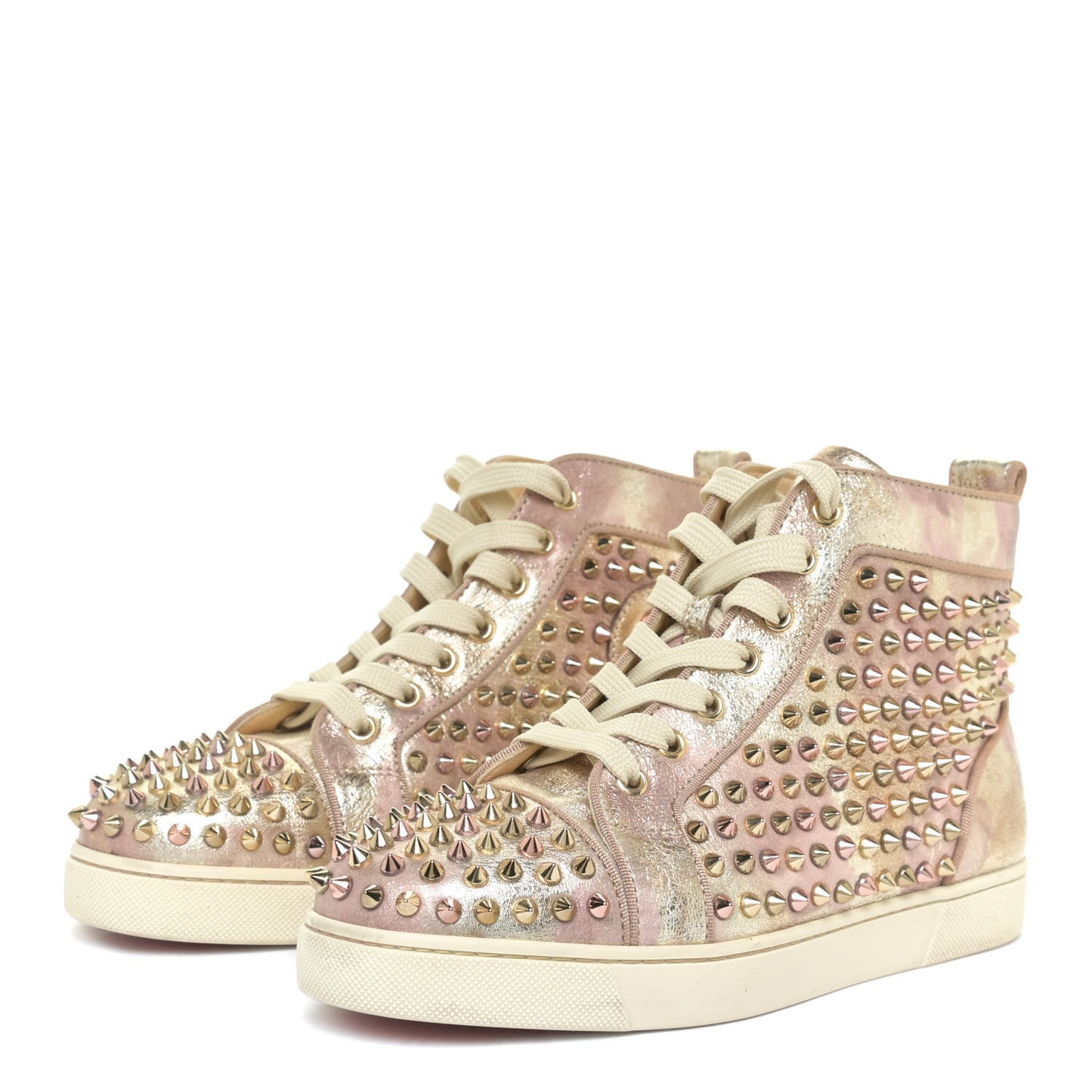 Metallic Crinkled Nappa Womens Louis Spikes Flat Sneakers 38.5 Rose Gold Multicolor