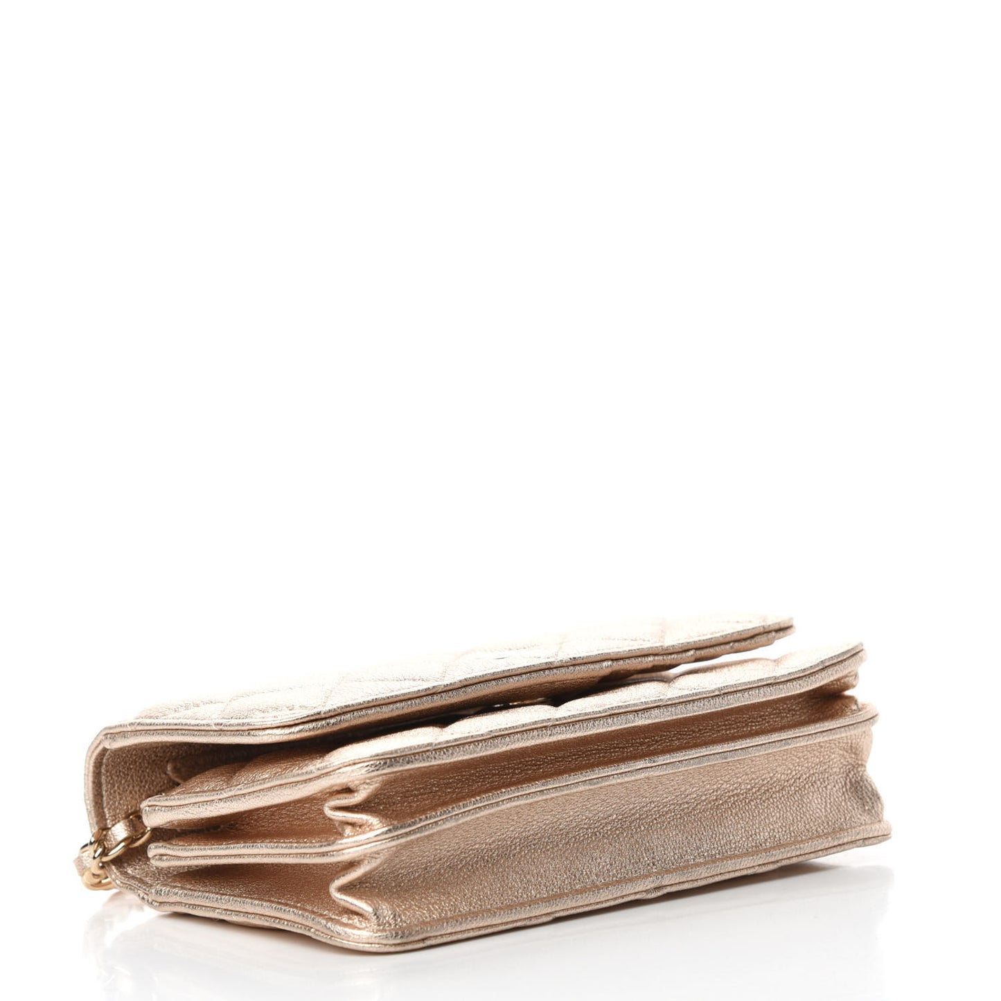 Metallic Lambskin Quilted Mini Wallet On Chain WOC Gold