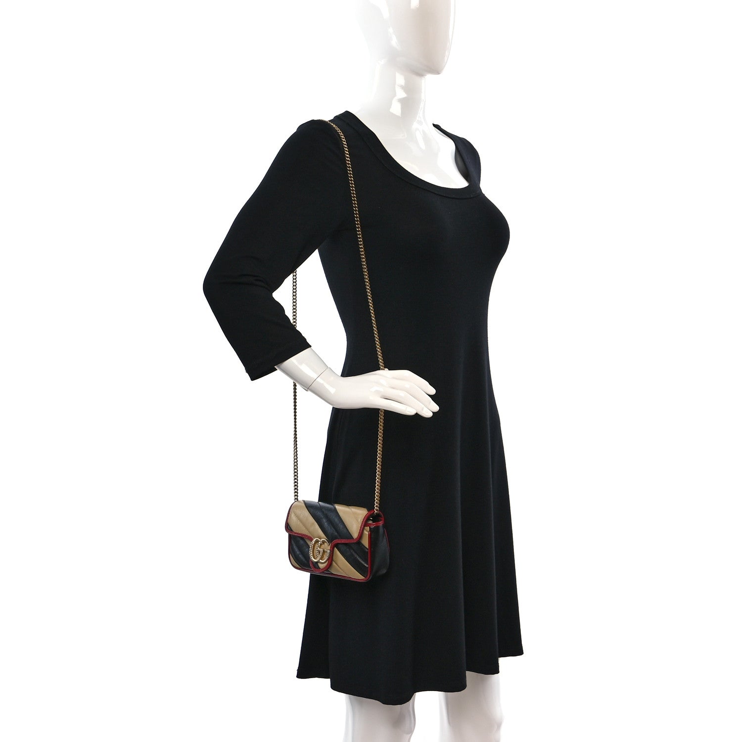 Gucci Vintage Effect Calfskin Matelasse Diagonal Striped Super Mini Torchon GG Marmont Shoulder Bag Black Beige 2 of 9