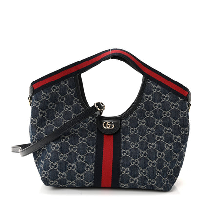 Gucci Denim GG Monogram Web Small Giglio Tote Blue White 1 of 11