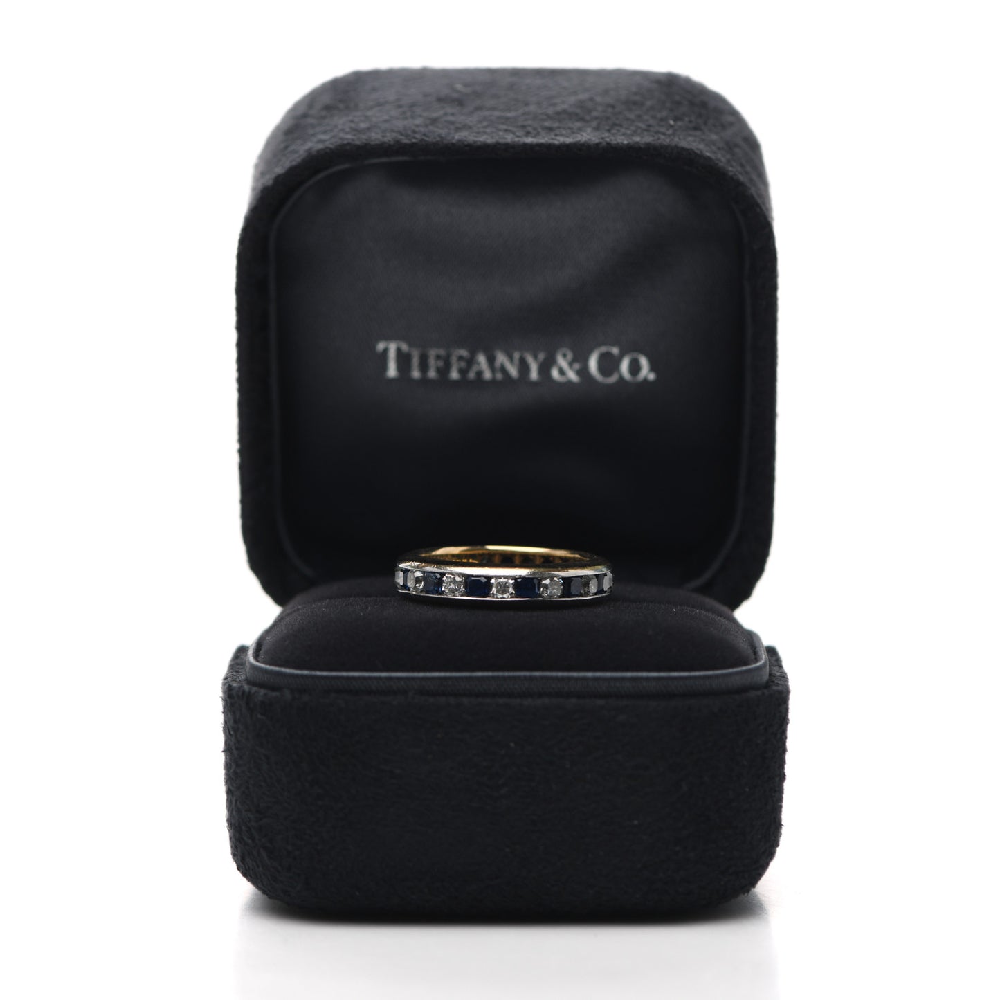 18K Yellow Gold Platinum Diamond Blue Sapphire 4mm Lucida Band Ring 49 5