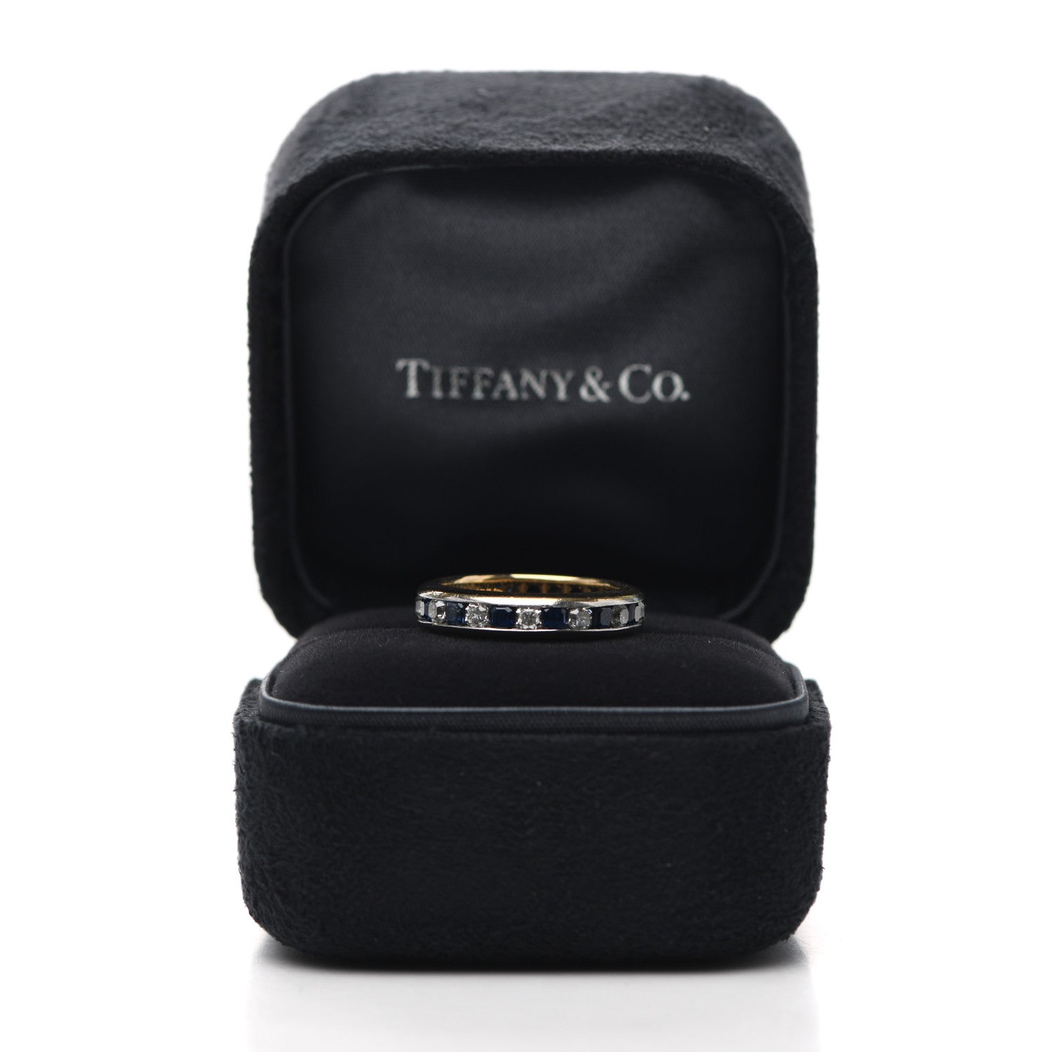 Tiffany 18K Yellow Gold Platinum Diamond Blue Sapphire 4mm Lucida Band Ring 49 5 5 of 5