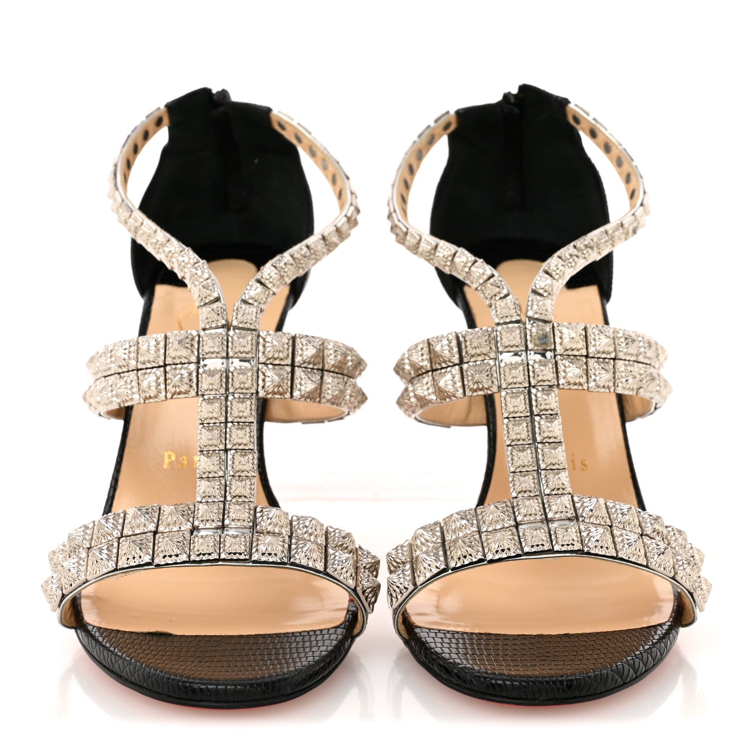Christian Louboutin Calfskin Lizard Embossed Diwali 100 Studded Sandals 39 Black Silver 3 of 12