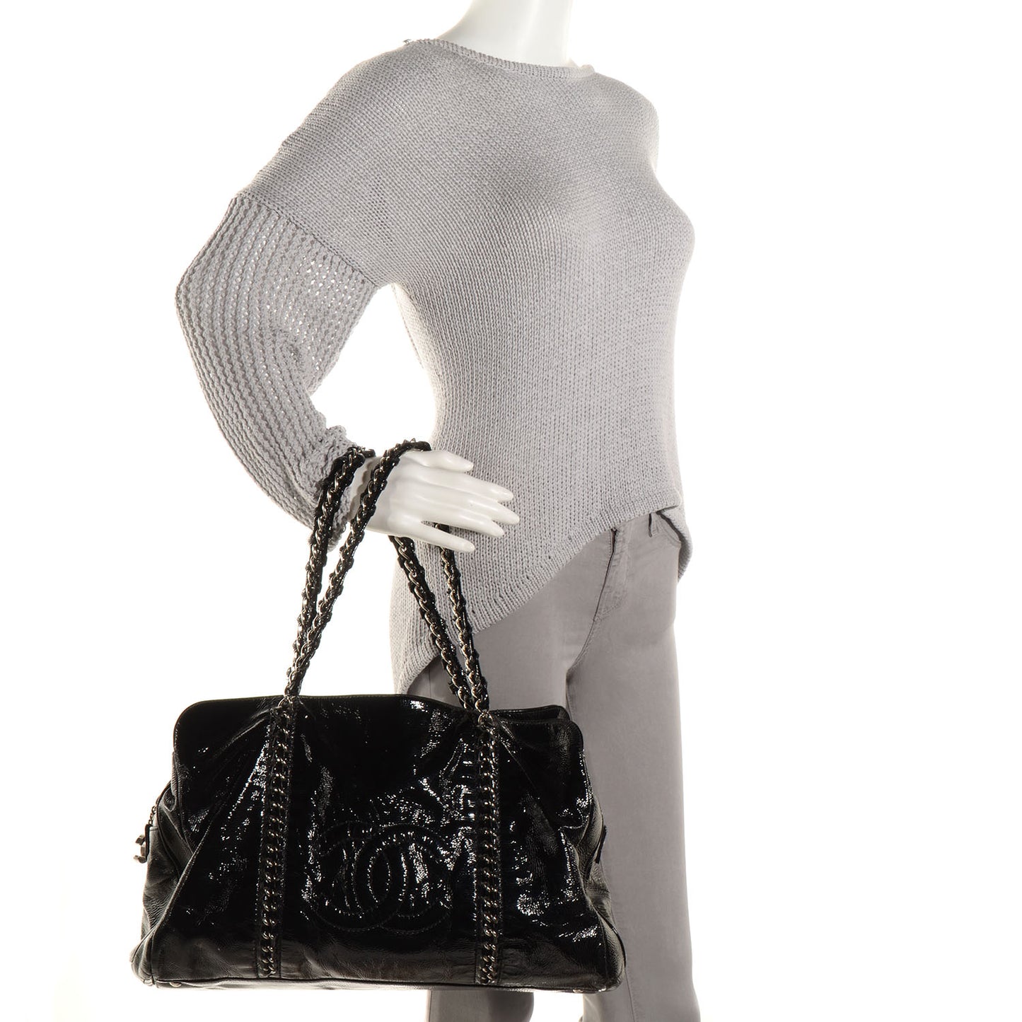 Patent Calfskin Large Luxe Ligne Tote Black