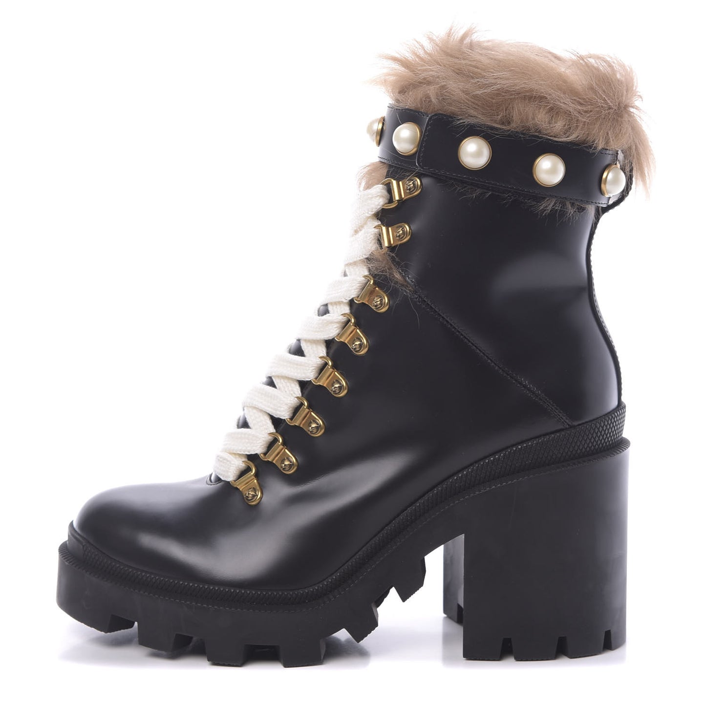 Magnum Calfskin Fur Pearl Lace Up Combat Ankle Boots 39 Black Naturale