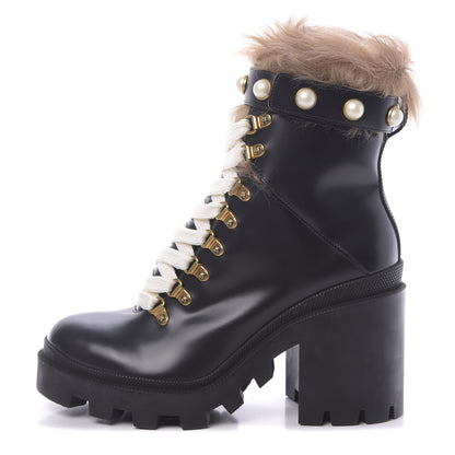 Gucci Magnum Calfskin Fur Pearl Lace Up Combat Ankle Boots 39 Black Naturale 1 of 7