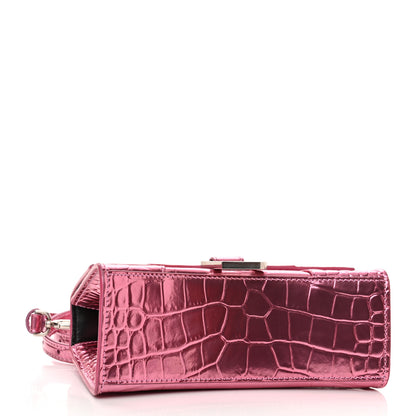Balenciaga Metallic Shiny Calfskin Crocodile Embossed Hourglass Top Handle Bag XS Pink 4 of 11