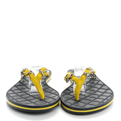 Chanel Suede Calfskin Quilted Chain Thong Sandals 37 Yellow 3 of 13
