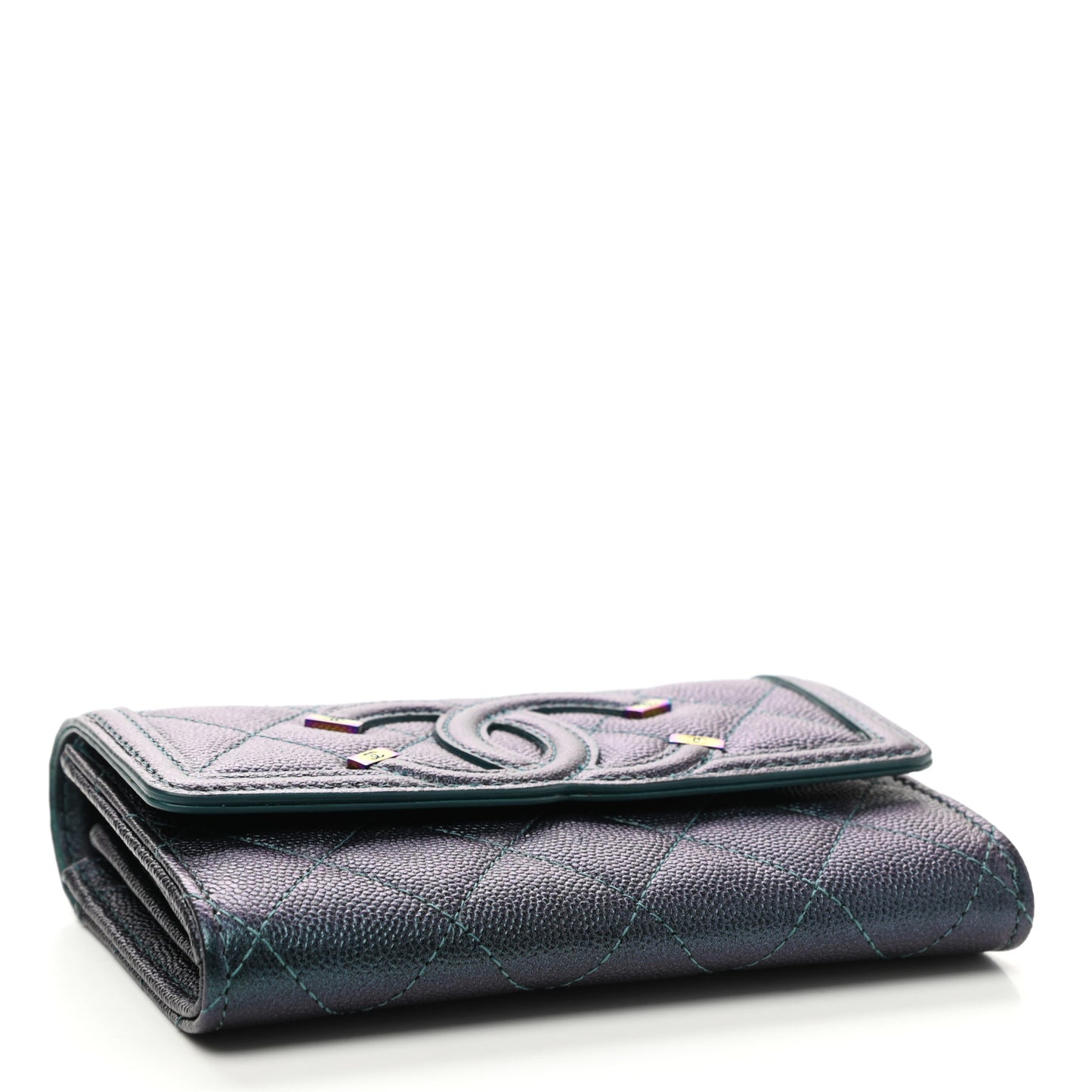 Iridescent Caviar Quilted Medium Filigree Flap Wallet Dark Turquoise