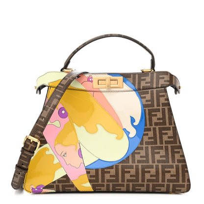 Fendi Glazed Fabric Vitello FF 1974 Hairdo Girls Inlay Medium Peekaboo Iconic Satchel Mogano Panna Multicolor 1 of 10