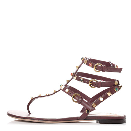 Valentino Garavani Calfskin Rockstud Rolling Cabochon Ankle Wrap Flat Thong Sandals 40 Cacao 1 of 7
